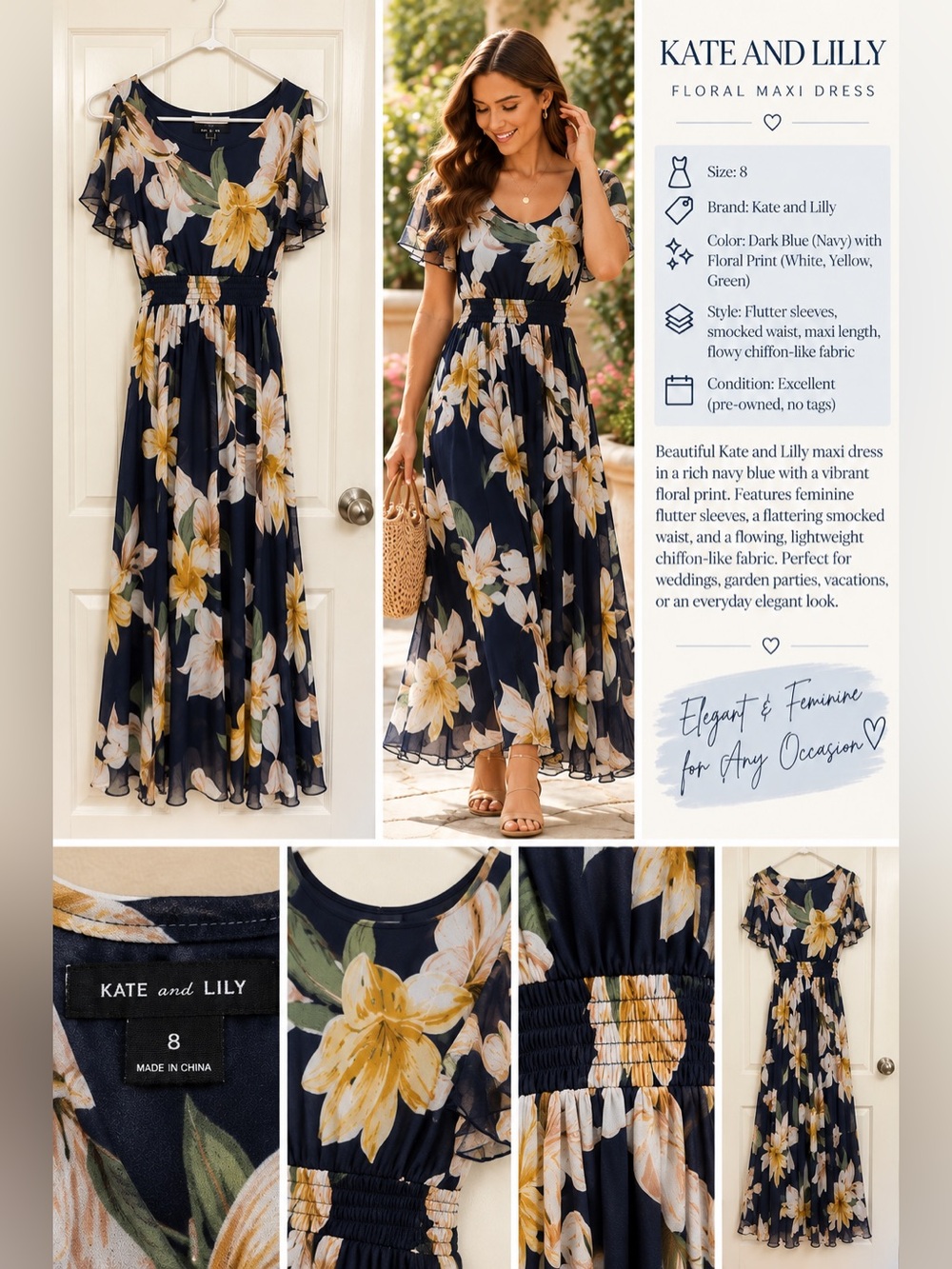 Kate and Lilly Navy Floral Maxi Dress with Flutter Sleeves